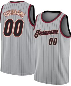 Custom Gray Black Pinstripe Black-Maroon Authentic Basketball Jersey