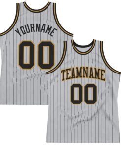 Custom Gray Black Pinstripe Black-Old Gold Authentic Basketball Jersey