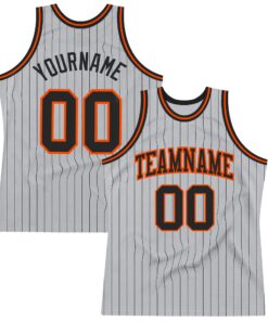 Custom Gray Black Pinstripe Black-Orange Authentic Basketball Jersey