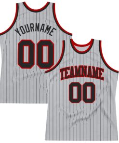 Custom Gray Black Pinstripe Black-Red Authentic Basketball Jersey