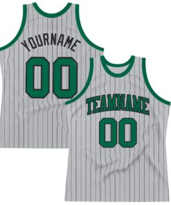Custom Gray Black Pinstripe Kelly Green Authentic Basketball Jersey