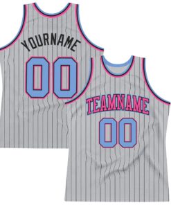 Custom Gray Black Pinstripe Light Blue-Pink Authentic Basketball Jersey