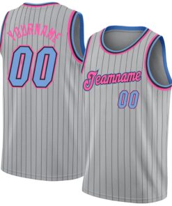 Custom Gray Black Pinstripe Light Blue-Pink Authentic Basketball Jersey