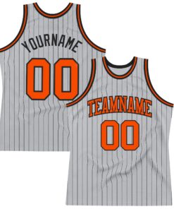 Custom Gray Black Pinstripe Orange Authentic Basketball Jersey
