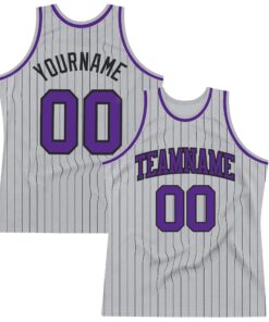 Custom Gray Black Pinstripe Purple Authentic Basketball Jersey