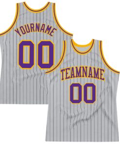 Custom Gray Black Pinstripe Purple-Gold Authentic Basketball Jersey