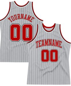 Custom Gray Black Pinstripe Red-White Authentic Basketball Jersey