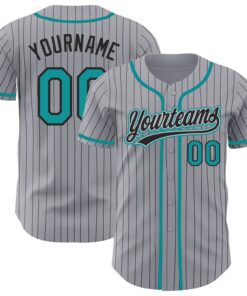Custom Gray Black Pinstripe Teal Authentic Baseball Jersey
