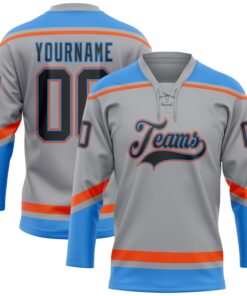 Custom Gray Black Powder Blue-Orange Hockey Lace Neck Jersey