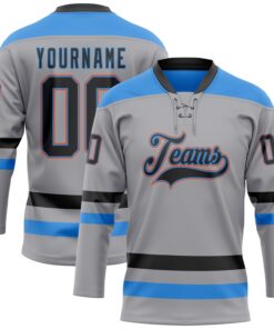 Custom Gray Black Powder Blue-Orange Hockey Lace Neck Jersey