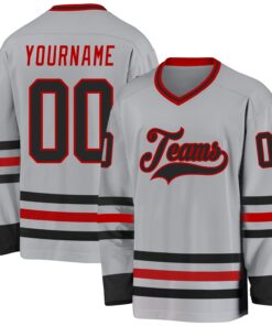 Custom Gray Black-Red Hockey Jersey