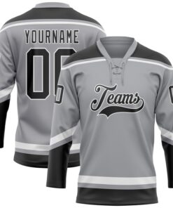 Custom Gray Black-White Hockey Lace Neck Jersey