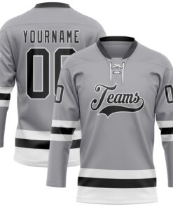 Custom Gray Black-White Hockey Lace Neck Jersey