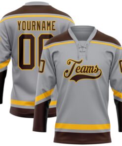 Custom Gray Brown-Gold Hockey Lace Neck Jersey