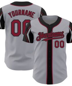 Custom Gray Crimson-Black 3 Colors Arm Shapes Authentic Baseball Jersey