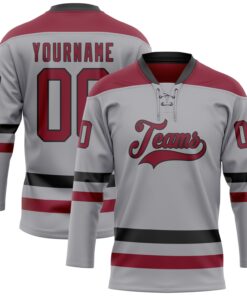 Custom Gray Crimson-Black Hockey Lace Neck Jersey