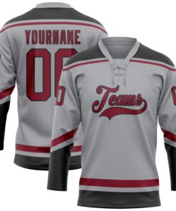 Custom Gray Crimson-Black Hockey Lace Neck Jersey