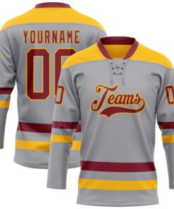 Custom Gray Crimson-Gold Hockey Lace Neck Jersey