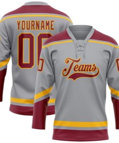 Custom Gray Crimson-Gold Hockey Lace Neck Jersey