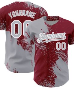 Custom Gray Crimson-White 3D Pattern Design Abstract Brush Stroke Authentic Baseball Jersey