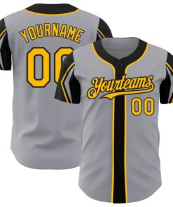 Custom Gray Gold-Black 3 Colors Arm Shapes Authentic Baseball Jersey