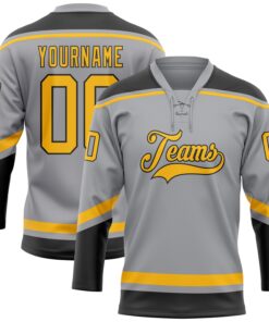 Custom Gray Gold-Black Hockey Lace Neck Jersey