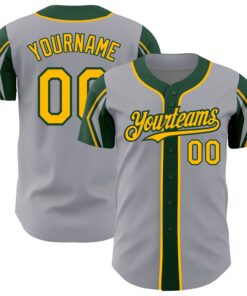 Custom Gray Gold-Green 3 Colors Arm Shapes Authentic Baseball Jersey
