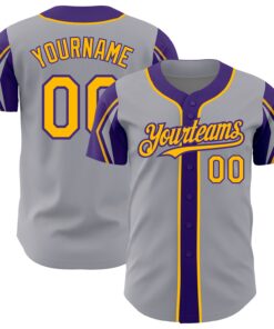 Custom Gray Gold-Purple 3 Colors Arm Shapes Authentic Baseball Jersey