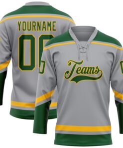 Custom Gray Green-Gold Hockey Lace Neck Jersey