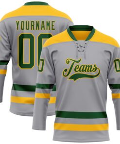 Custom Gray Green-Gold Hockey Lace Neck Jersey
