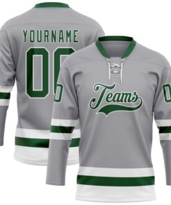 Custom Gray Green-White Hockey Lace Neck Jersey