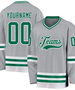 Custom Gray Kelly Green-White Hockey Jersey