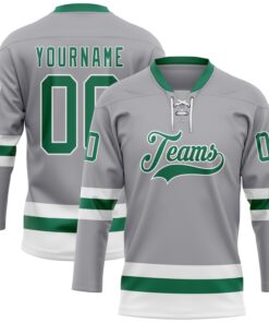 Custom Gray Kelly Green-White Hockey Lace Neck Jersey