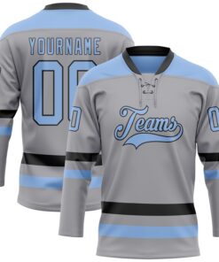 Custom Gray Light Blue-Black Hockey Lace Neck Jersey