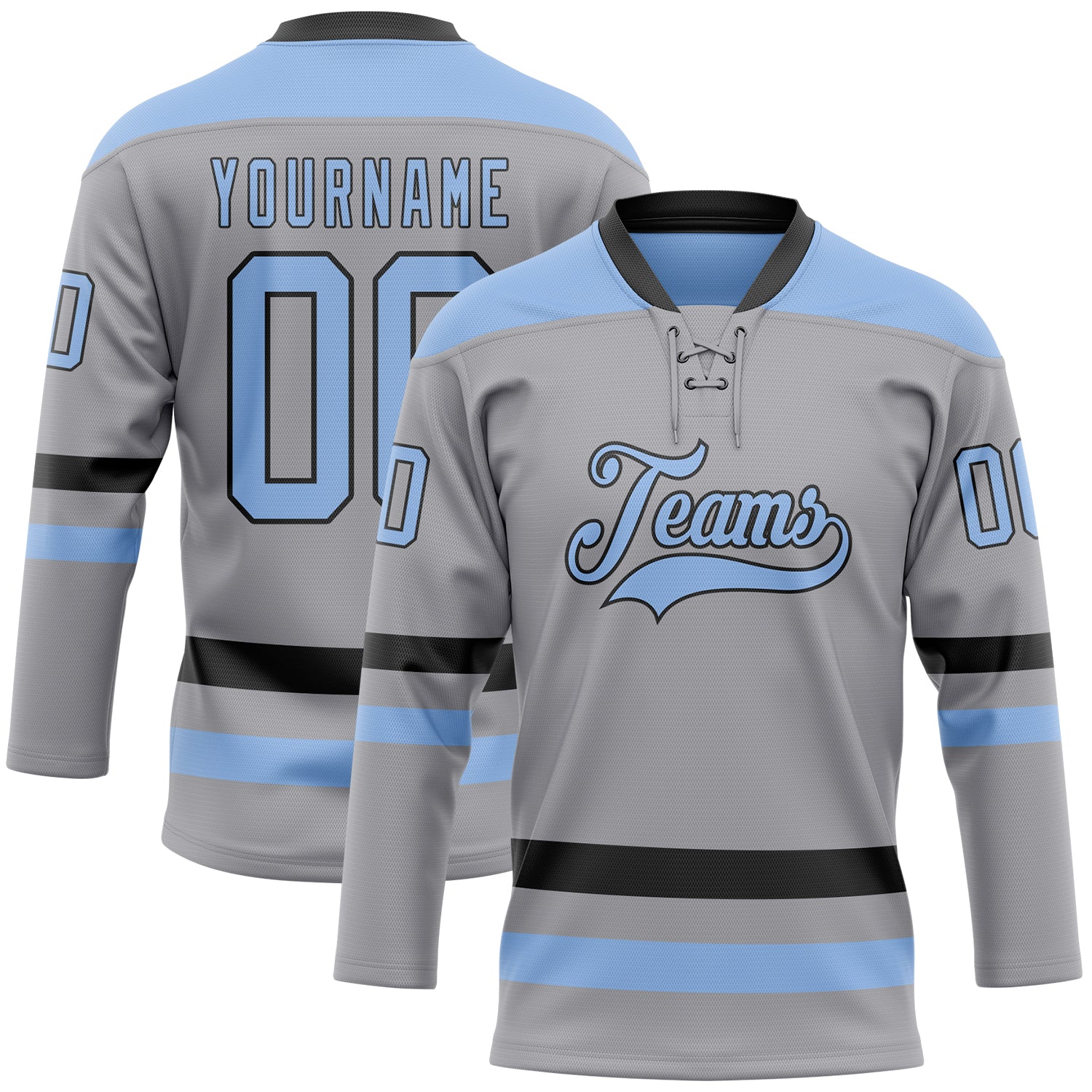 Custom Gray Light Blue-Black Hockey Lace Neck Jersey