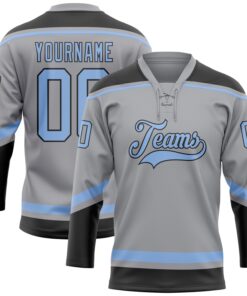 Custom Gray Light Blue-Black Hockey Lace Neck Jersey