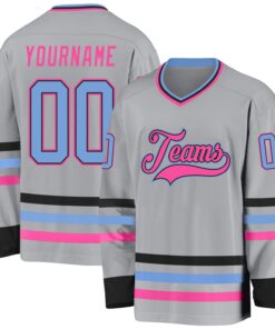 Custom Gray Light Blue Black-Pink Hockey Jersey