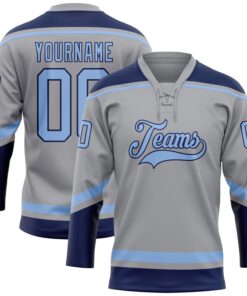 Custom Gray Light Blue-Navy Hockey Lace Neck Jersey