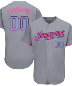 Custom Gray Light Blue-Pink Authentic Baseball Jersey