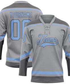 Custom Gray Light Blue-Steel Gray Hockey Lace Neck Jersey