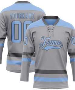 Custom Gray Light Blue-Steel Gray Hockey Lace Neck Jersey