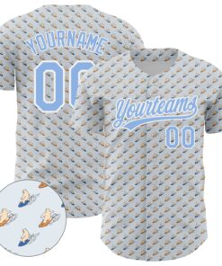Custom Gray Light Blue-White 3D Pattern Design Animal Bear Surfing Authentic Baseball Jersey
