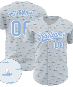 Custom Gray Light Blue-White 3D Pattern Design Animal Dog Surfing Authentic Baseball Jersey