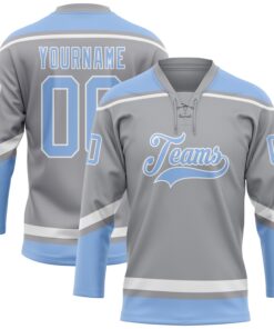 Custom Gray Light Blue-White Hockey Lace Neck Jersey