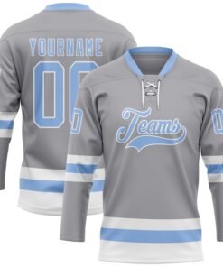 Custom Gray Light Blue-White Hockey Lace Neck Jersey