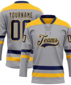 Custom Gray Navy-Gold Hockey Lace Neck Jersey