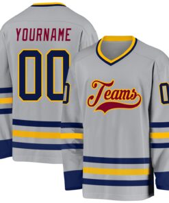 Custom Gray Navy Gold-Maroon Hockey Jersey
