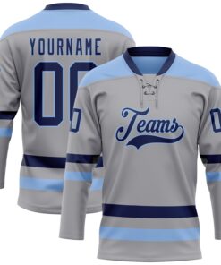 Custom Gray Navy-Light Blue Hockey Lace Neck Jersey