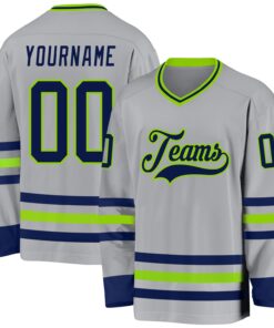 Custom Gray Navy-Neon Green Hockey Jersey