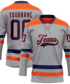 Custom Gray Navy-Orange Hockey Lace Neck Jersey